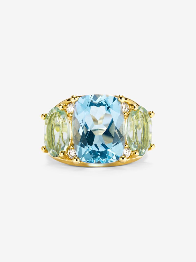 18K yellow gold ring with blue Sky Topacio in 5.5 cts Cushion size, green -sized icatists of 4.65 cts and white diamonds in a brilliant size of 0.15 cts image number 1