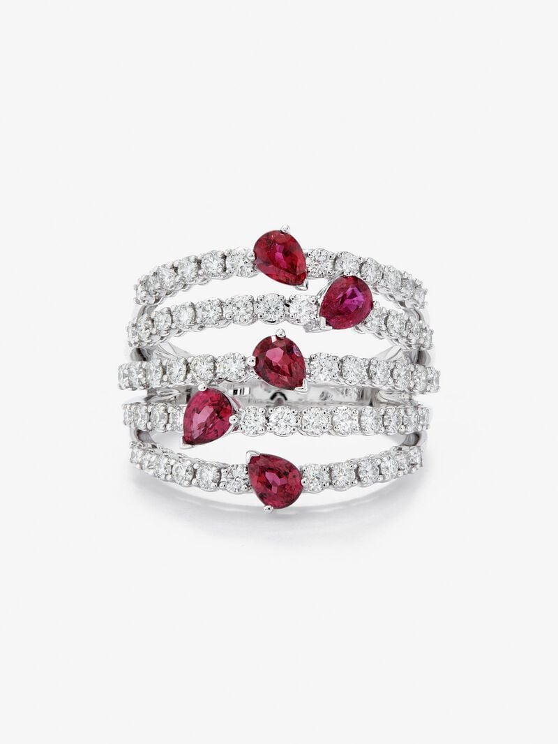 18K white gold ring with 60 brilliant-cut diamonds with a total of 1 cts and 5 pear-cut red rubies with a total of 1.14 cts image number 2