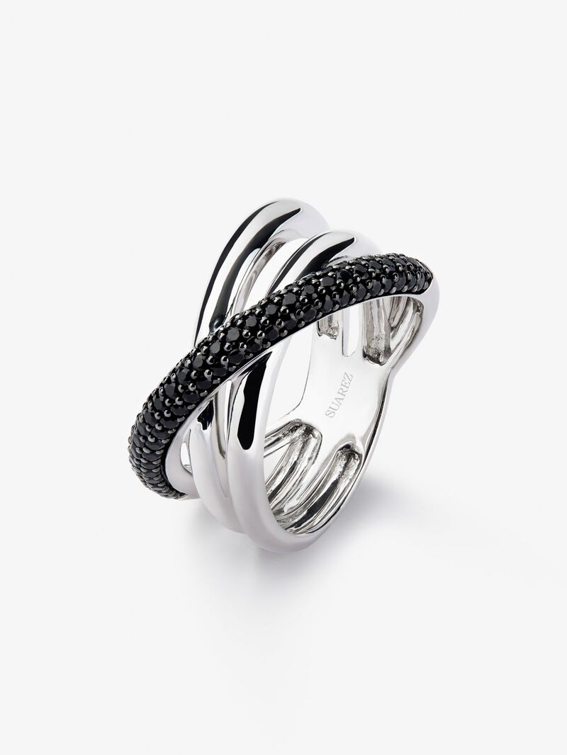 925 silver crossed multi-arm ring with brilliant-cut black spinels image number 0