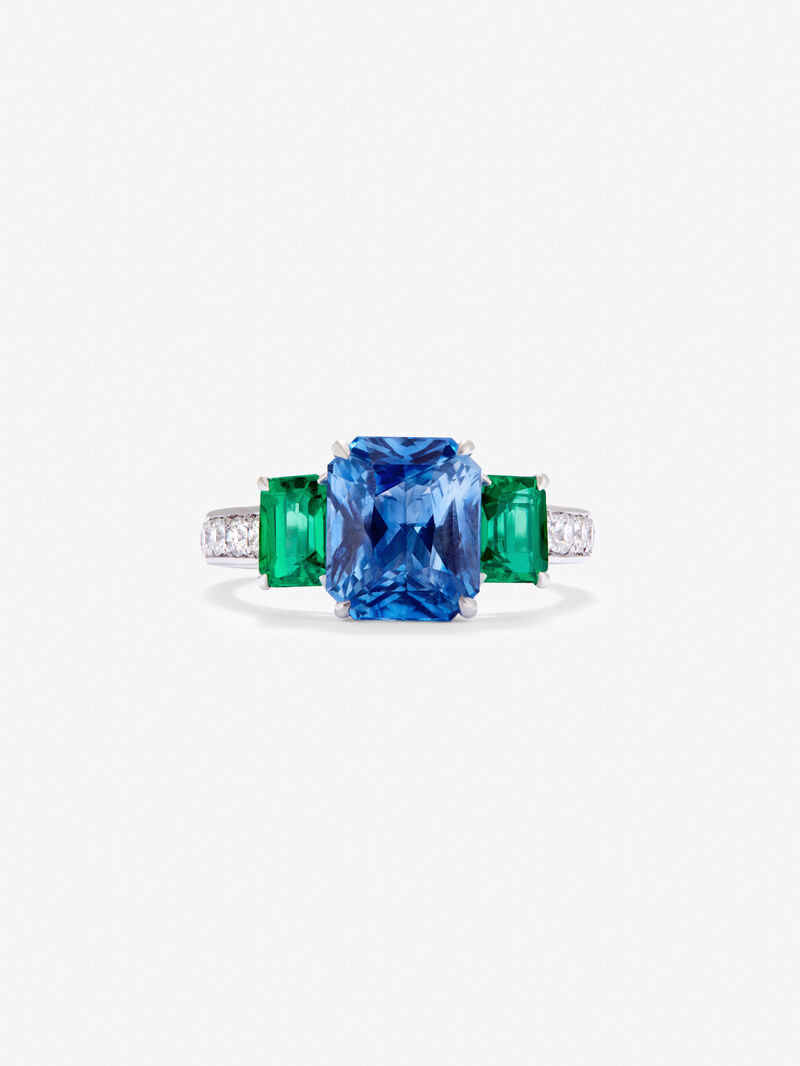 18K White Gold Tiego Ring with blue sapphire in 3.6 cts emerald size, green emeralds in octagonal size 1.12 cts and white diamonds in bright size of 0.073 cts image number 3