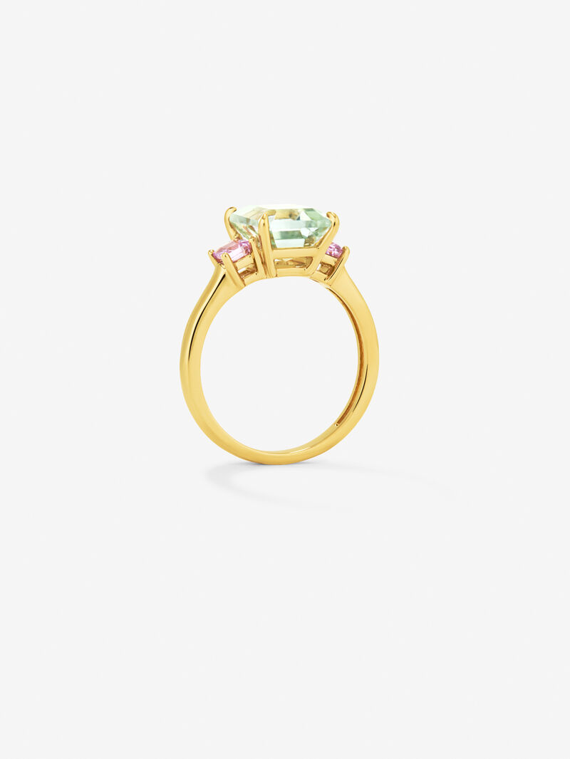 18k yellow golden ring with green amethyst in octagonal size 2.53 cts and pink sapphires in 0.41 cts princess size image number 4