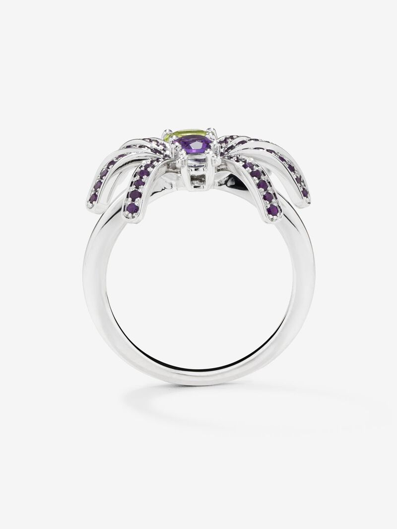 Silver spider ring with peridotos and amethyst image number 2
