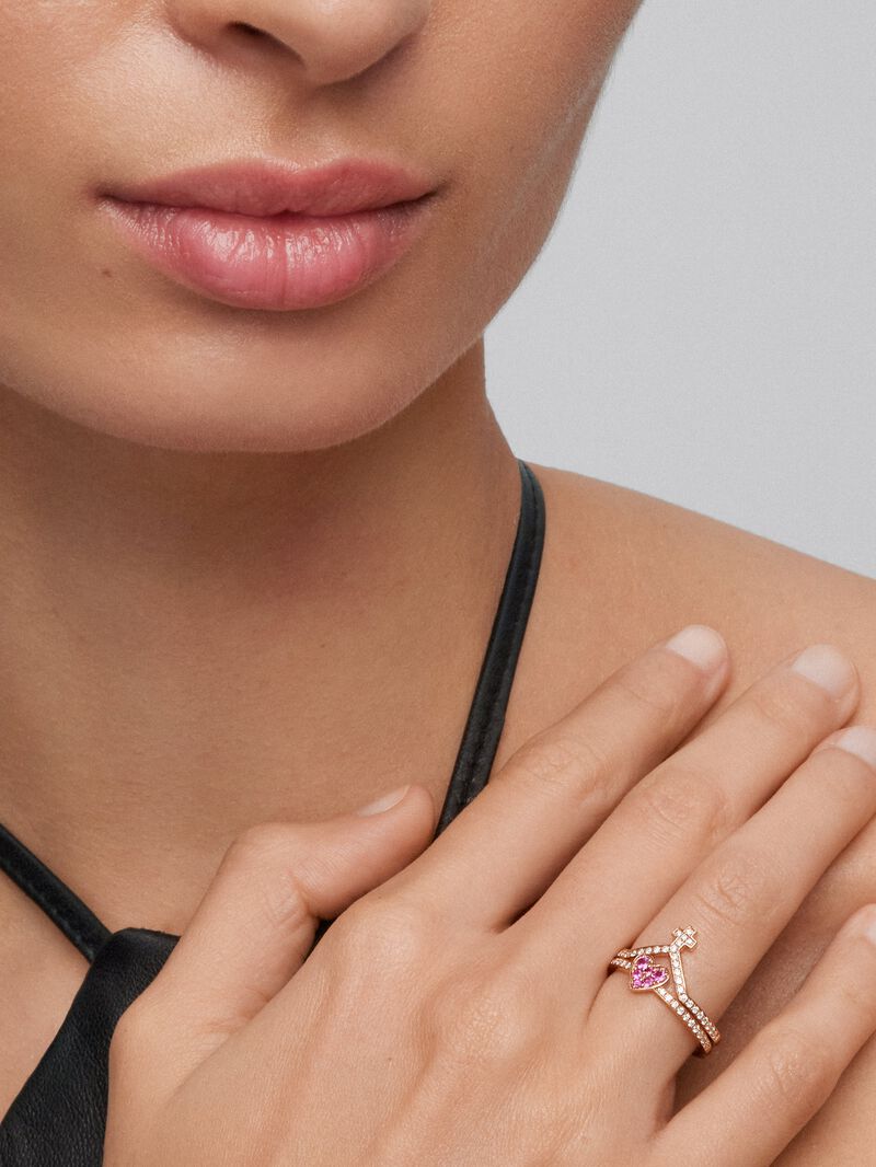 18Kt rose gold ring with diamonds and pink sapphires image number 1