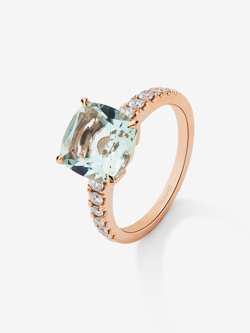 18K rose gold ring with cushion-cut green amethyst of 2.68 cts and 12 brilliant-cut diamonds with a total of 0.29 cts image number 0