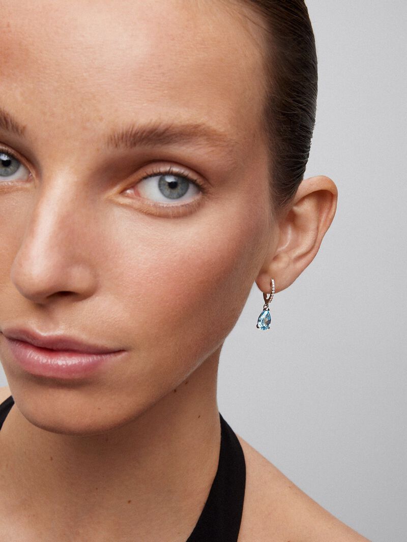 18K White Gold Hoop Earrings with Topaz and Diamond Pendant image number 1