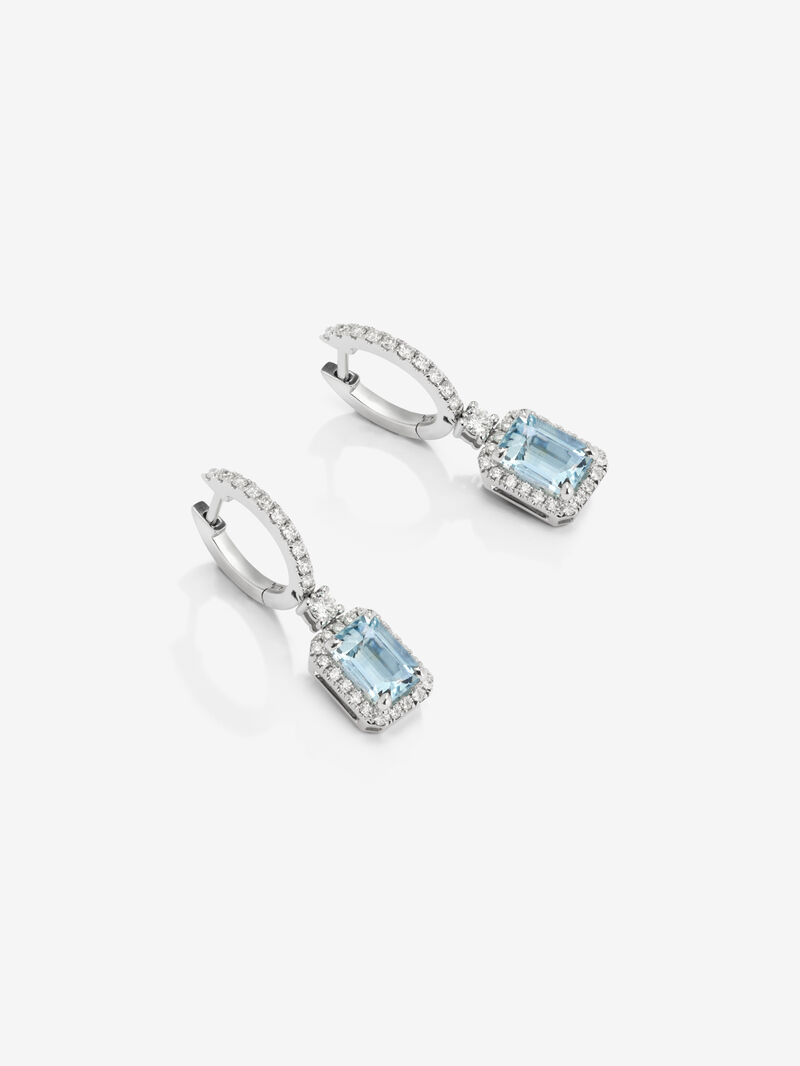 Hoop earrings with 18K white gold pendant with aquamarine and diamond. image number 2