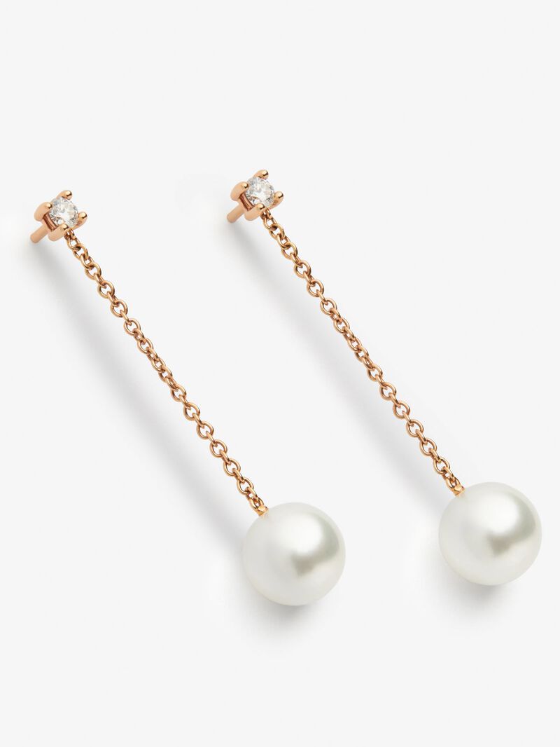 18K rose gold chain earrings with 2 brilliant-cut diamonds with a total of 0.22 cts and 2 9mm pearls image number 2