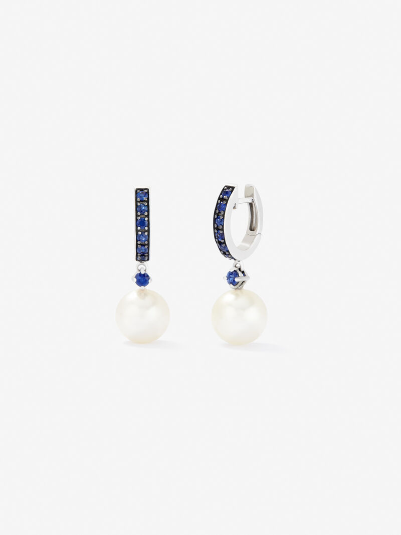 925 Silver hoop earring combined with 8.5 mm Australian pearl and sapphire. image number 0