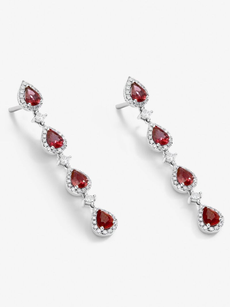 18k white gold earrings with red rubies in pear size 2.86 cts and white diamonds in bright size and 0.73 cts princess image number 2