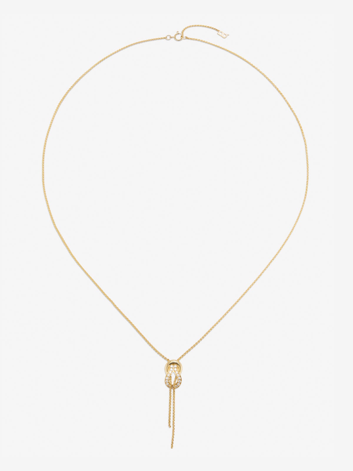 Colgante de oro amarillo de 18K con 26 diamantes en talla brillante con un total de 0,16 cts y forma de nudo