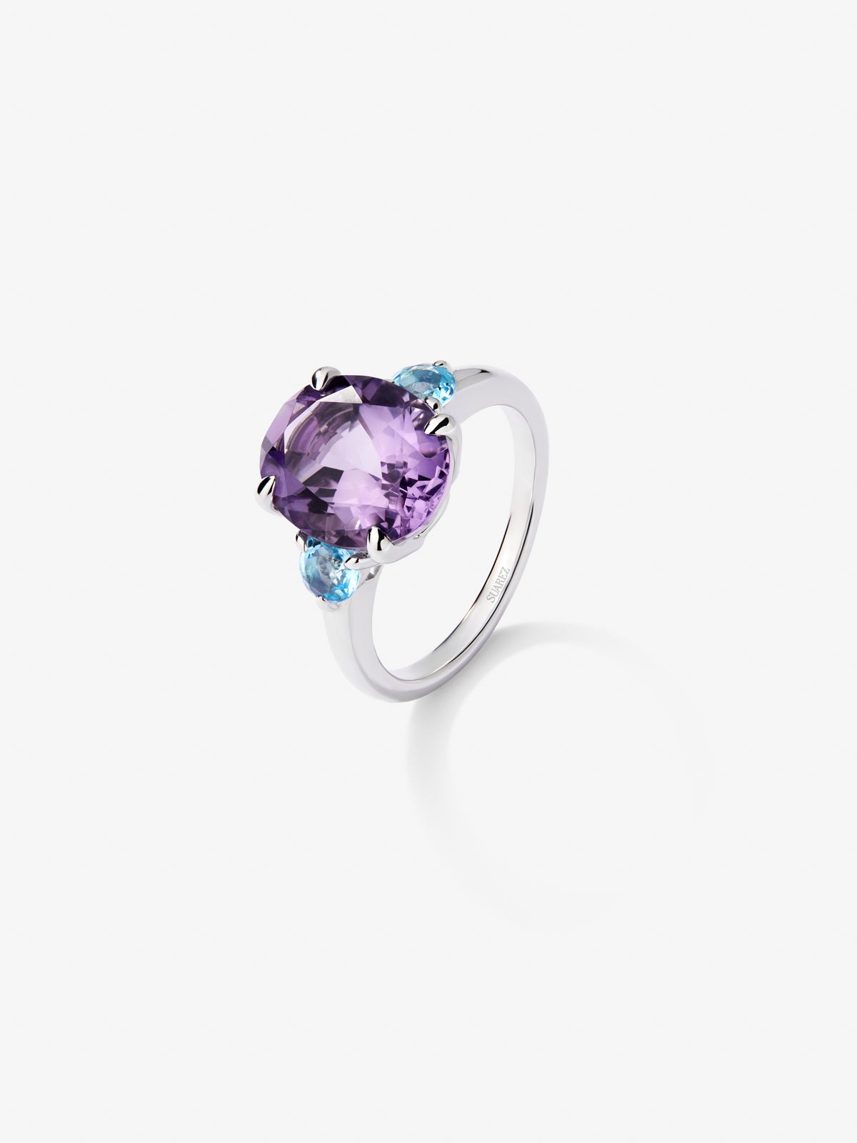 925 silver triple ring with oval-cut purple amethyst and 2 brilliant-cut Swiss blue topazes