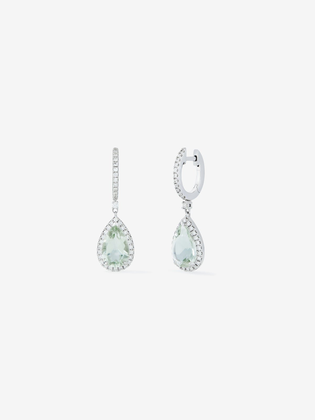 18K white gold earrings with 2 pear-cut green amethysts with a total of 3.32 cts and 72 brilliant-cut diamonds with a total of 0.4 cts