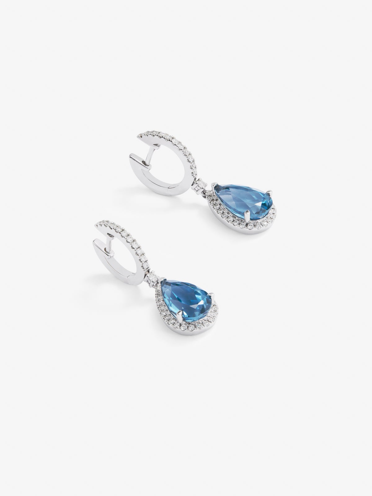 18K White Gold Hoop Earrings with Topaz and Diamond Pendant