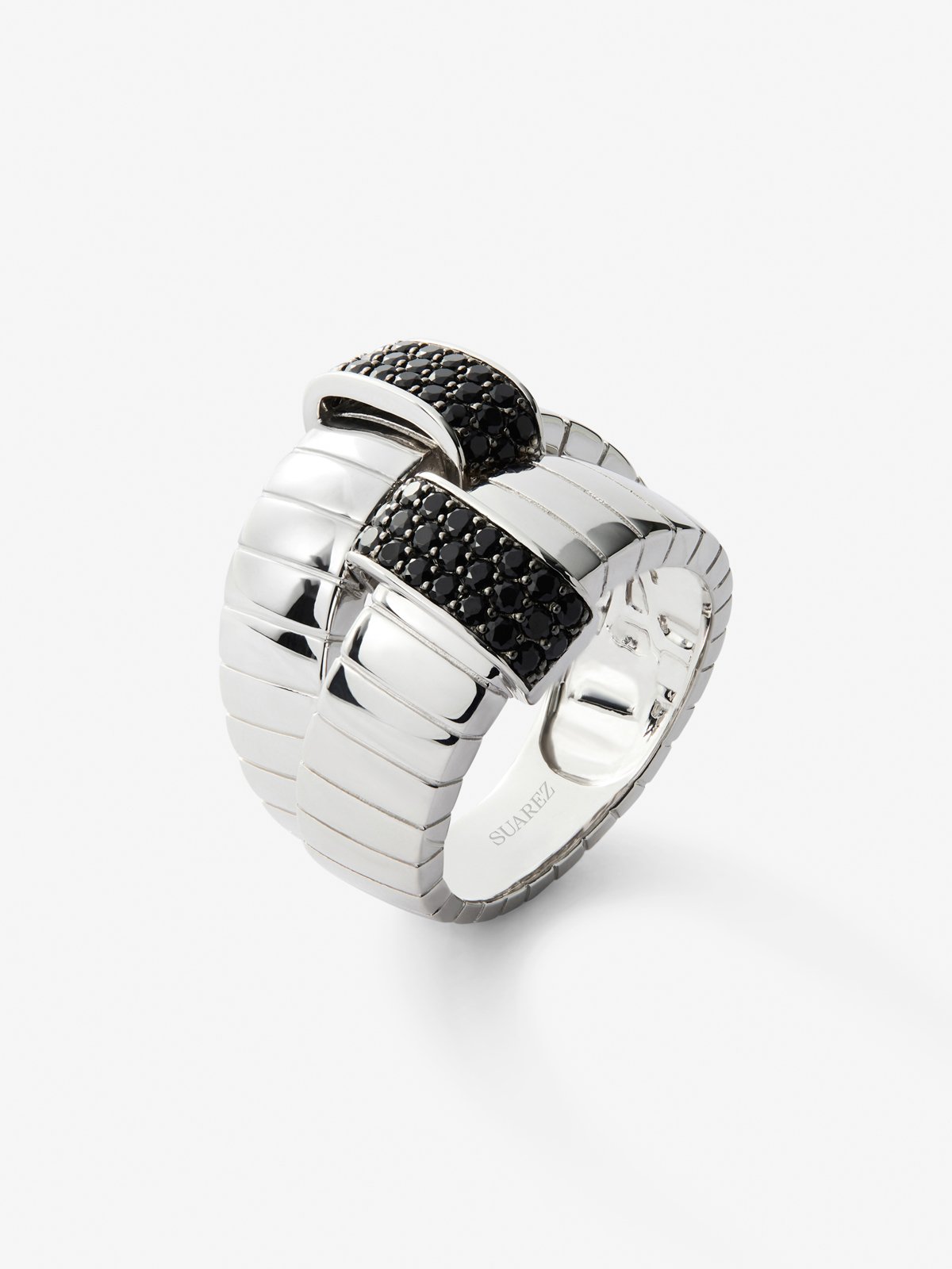 Wide multi-arm 925 silver ring with 50 brilliant-cut black spinels