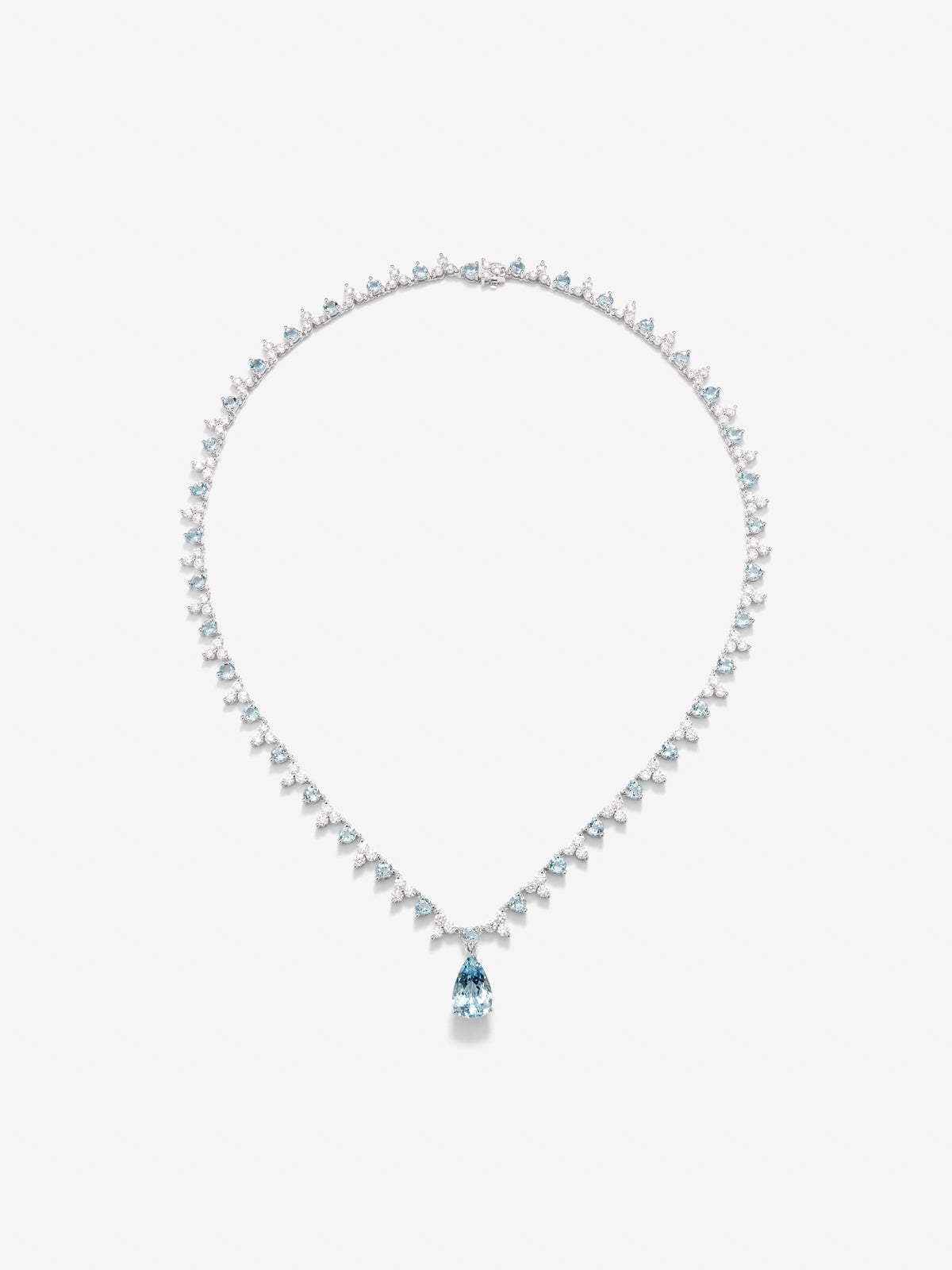 18K White Gold Rivière Collar with Aguamarina Azul in 3 cts pear size, blue aquamarines in bright size 5.7 cts and white diamonds in bright size 6.25 cts