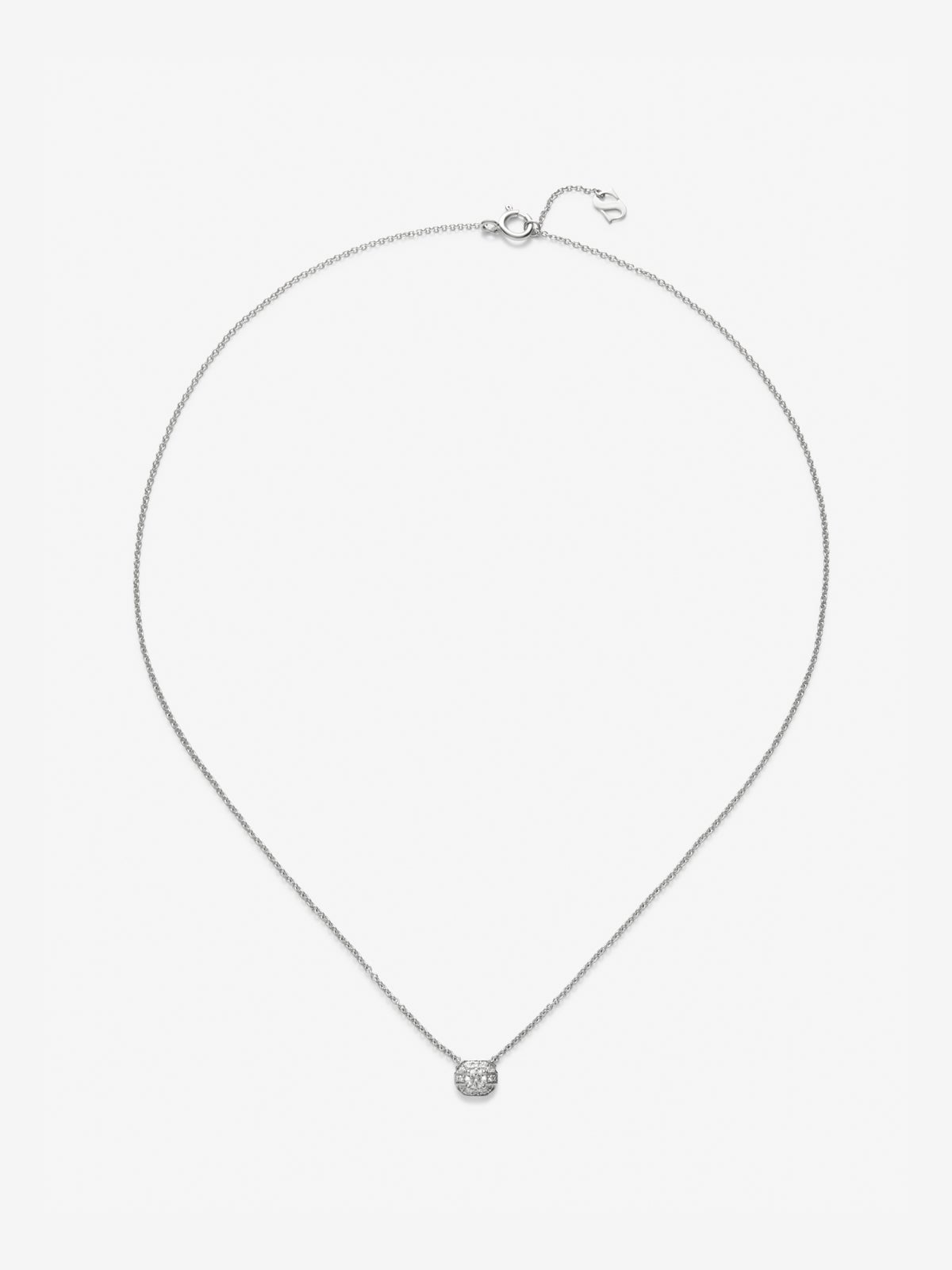 Colgante de oro blanco de 18K con diamante central en talla brillante de 0,1 cts y 12 diamantes en talla brillante con un total de 0,15 cts