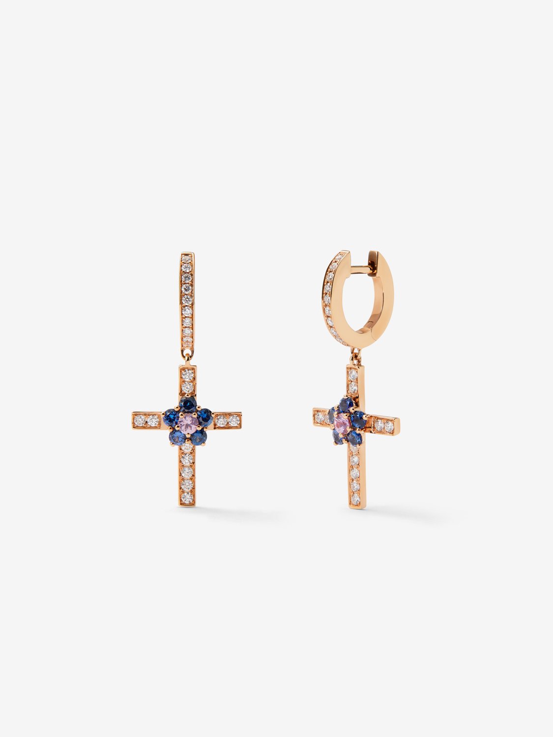 18kt rose gold hoop earrings with diamond cross and flower with sapphires.