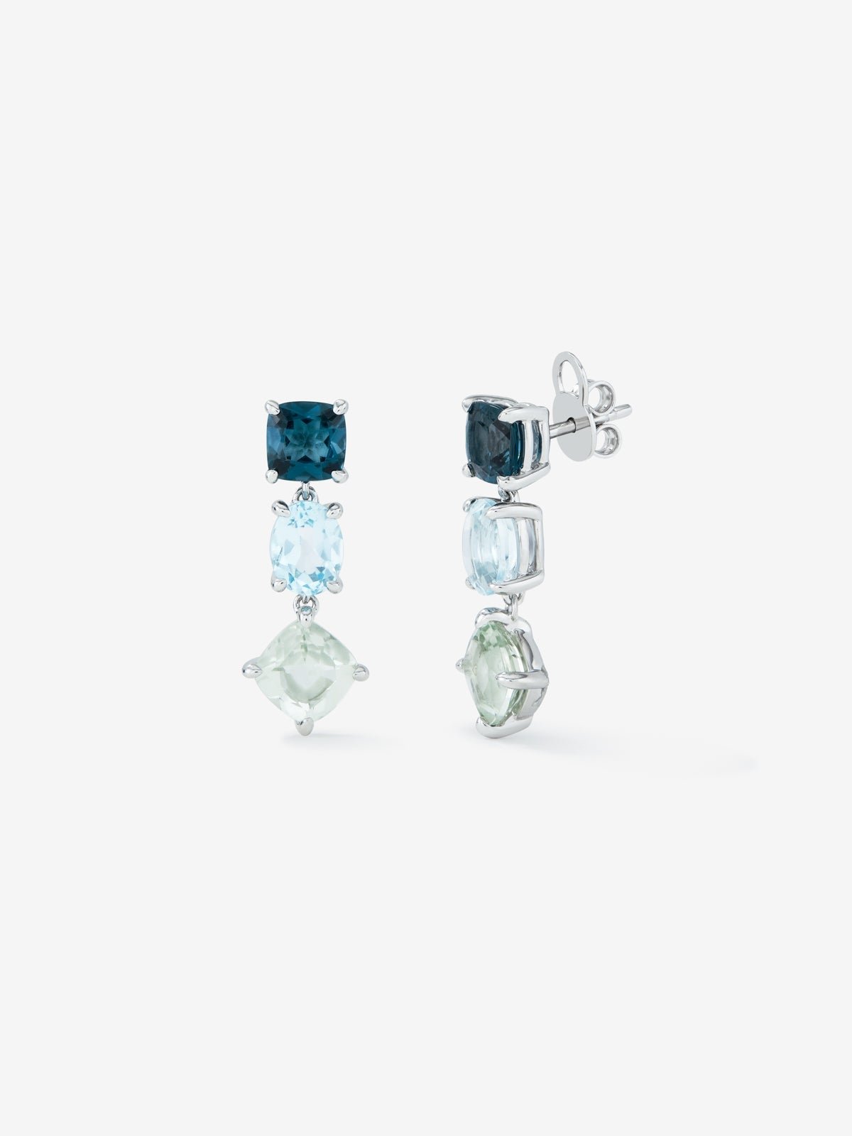 925 silver earrings with green amethysts, London blue and sky blue topazes