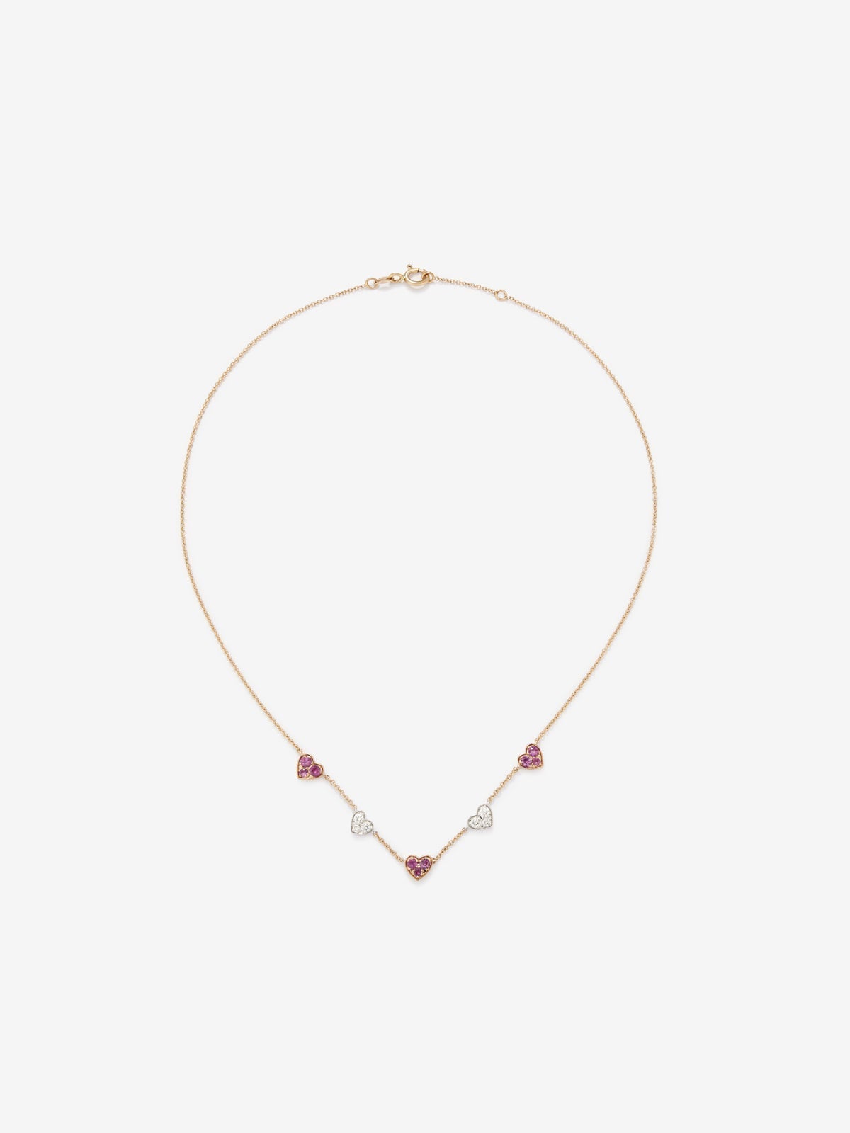 18kt Rose Gold and White Gold Heart Necklace with Pink Sapphires and Diamonds.