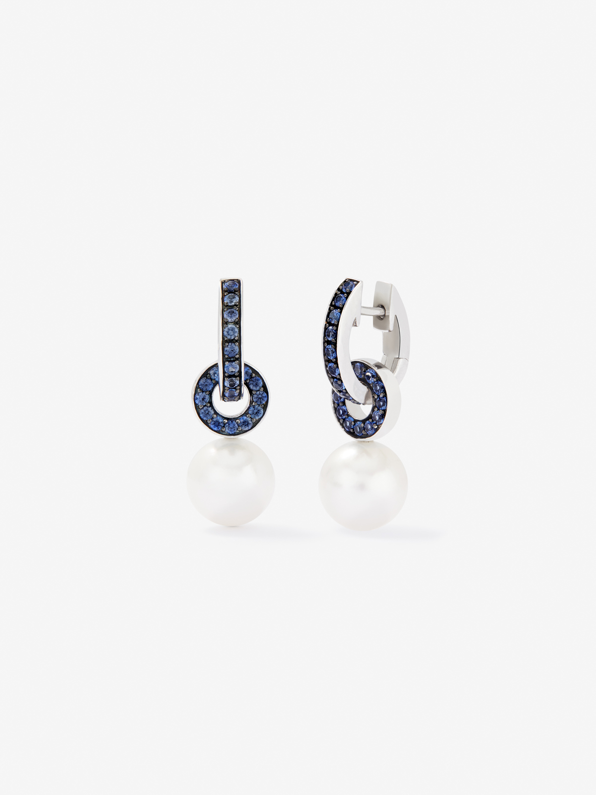 925 Silver double hoop earring combined with a 9mm Akoya pearl and sapphire.