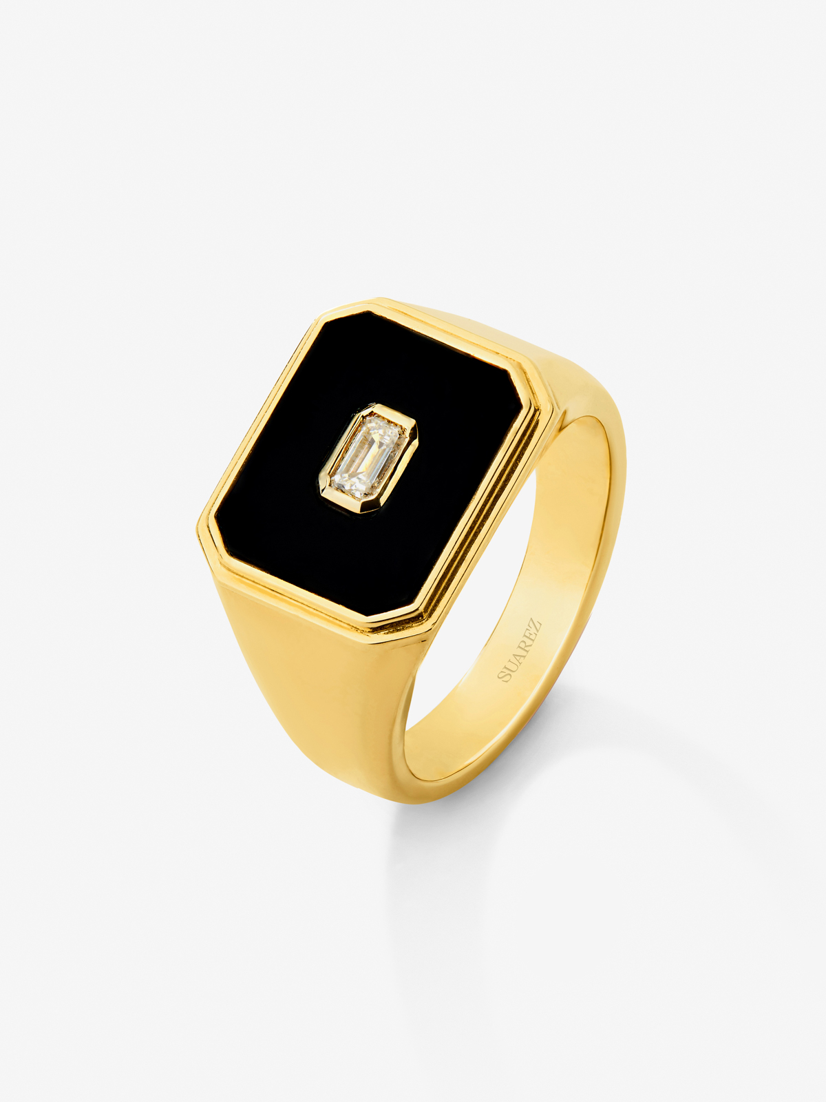 Anillo de sello grande de oro amarillo de 18K con ónix negro y diamante de 0,17 cts