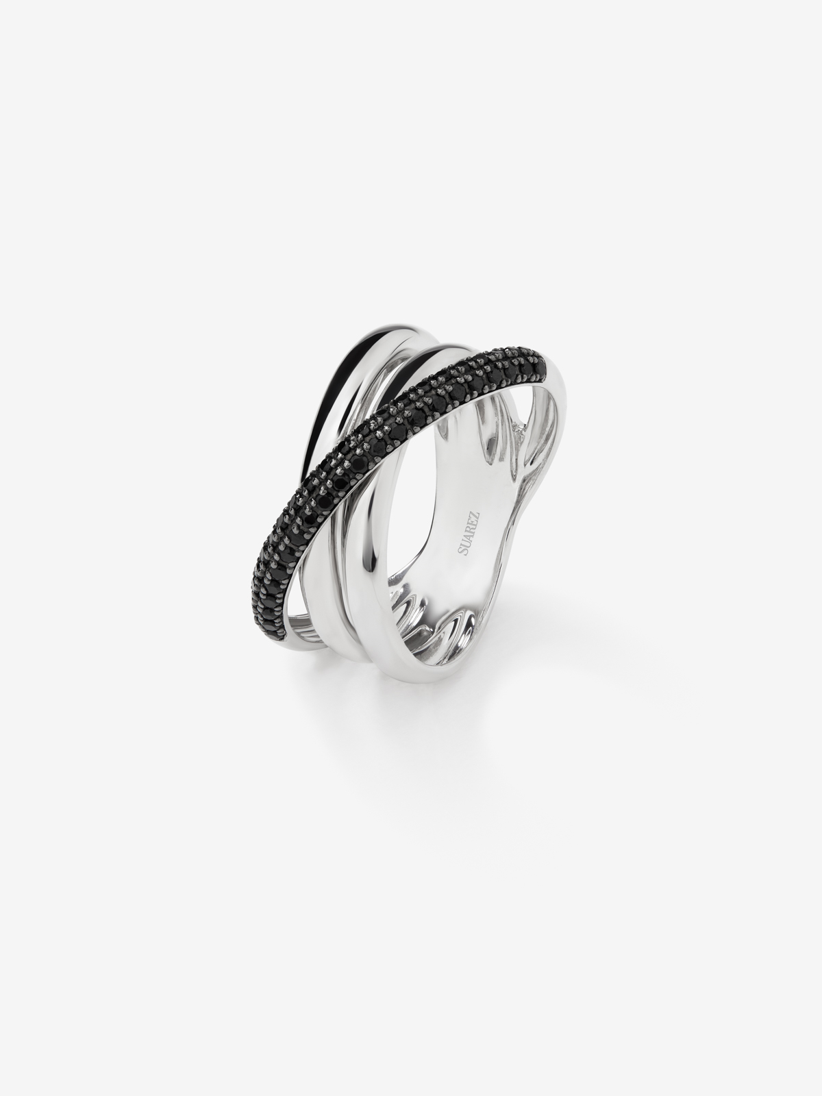Thick triple arm 925 silver ring with spinels