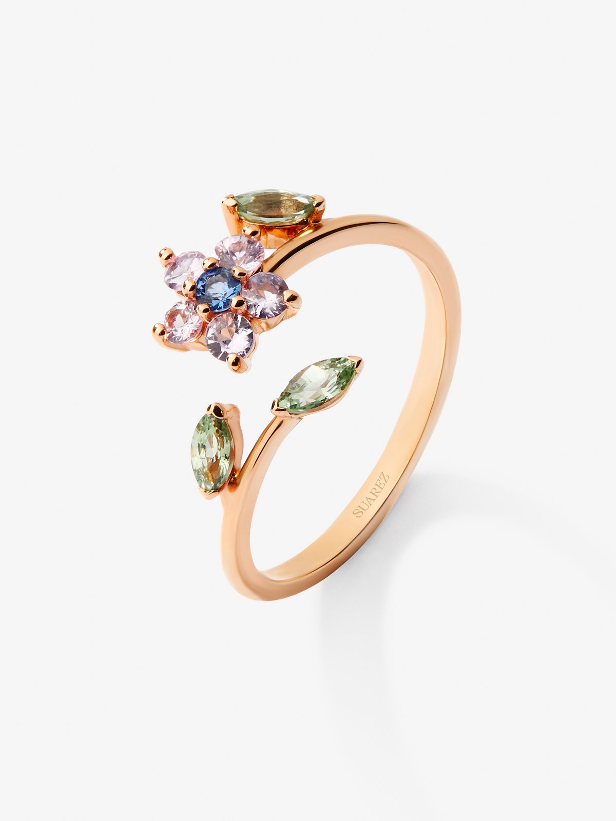 Anillo de oro rosa de 18K con 9 zafiros rosas, verdes y azules en talla brillante y marquise con un total de 0,55 cts