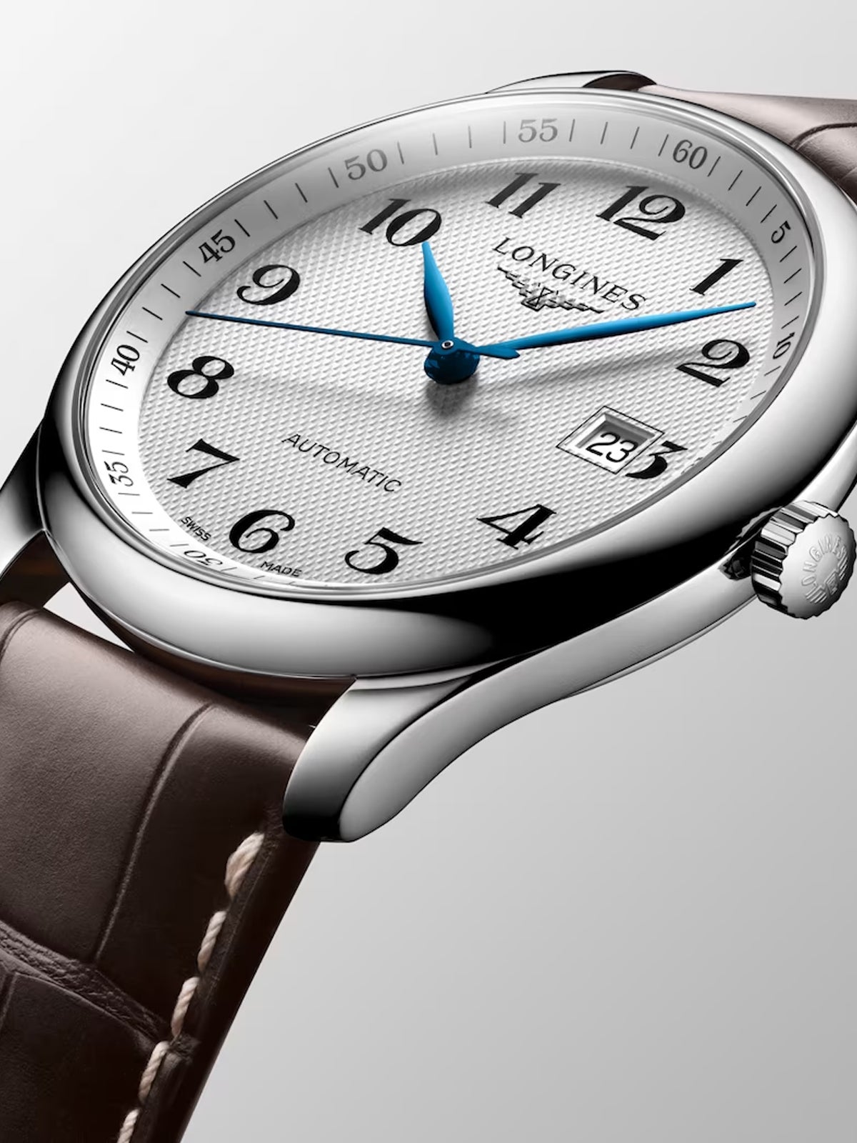 Reloj Longines Master de acero inoxidable con correa de piel de caimán marrón, cristal de zafiro y movimiento automático