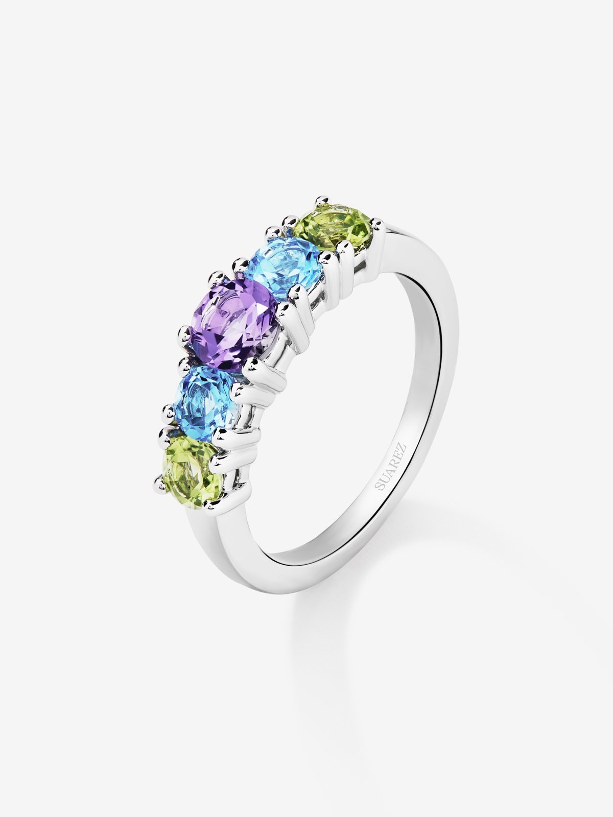 Anillo cinquillo de plata 925 con 2 peridotos, una amatista morada, y topacios azul swiss en talla brillante