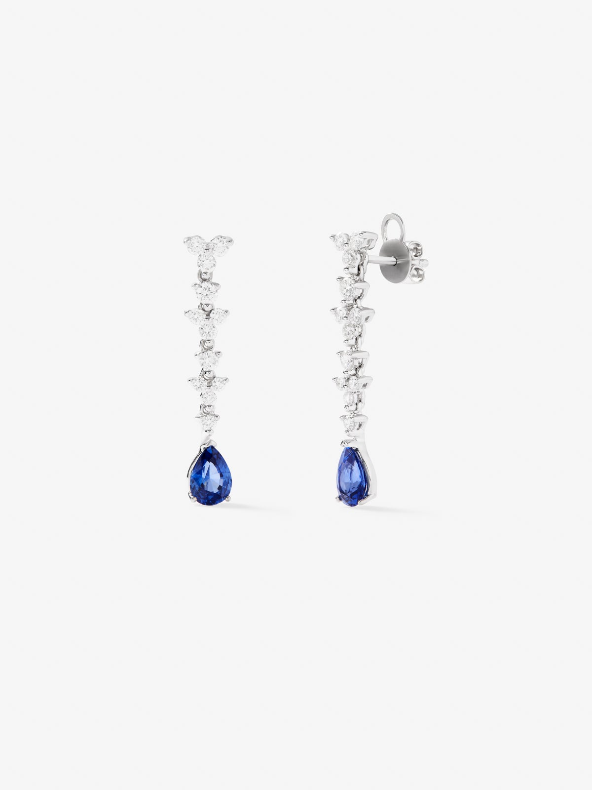 18K white gold earrings with 2 pear-cut blue sapphires of 1.82 cts and 24 brilliant-cut diamonds with a total of 0.86 cts