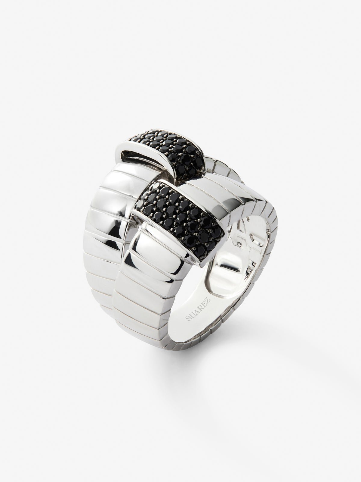 Wide multi-arm 925 silver ring with 50 brilliant-cut black spinels