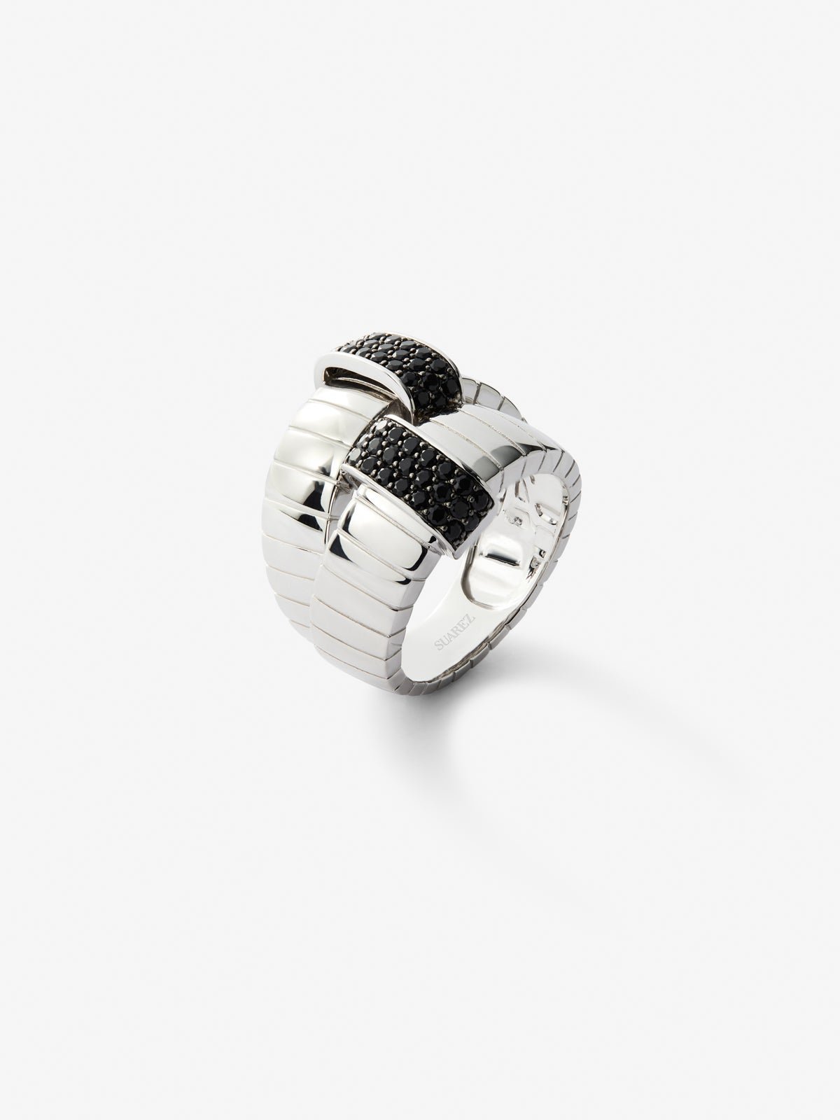 Wide multi-arm 925 silver ring with 50 brilliant-cut black spinels