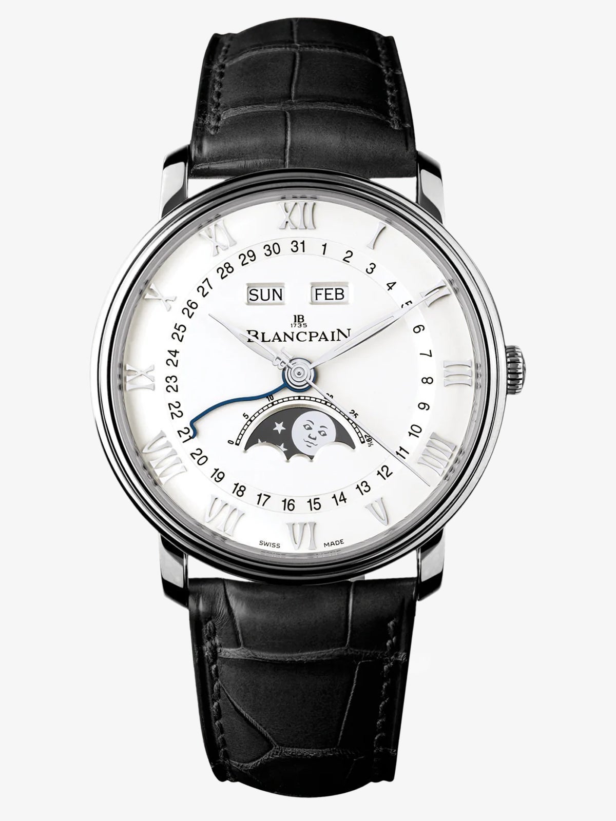 Blancpain Villeret steel watch with crocodile leather bracelet, sapphire crystal and automatic movement