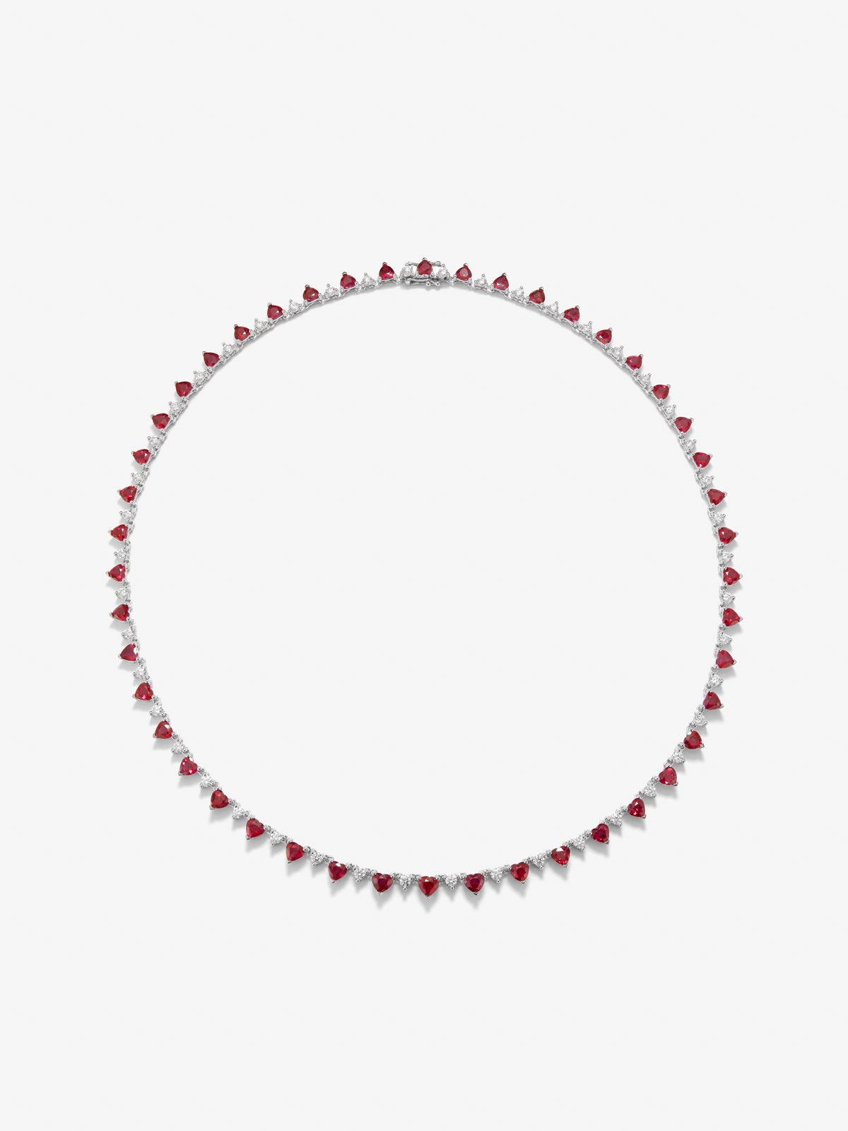 18K white gold necklace with 46 heart-cut red rubies with a total of 12.62 cts and 46 brilliant-cut diamonds with a total of 2.51 cts