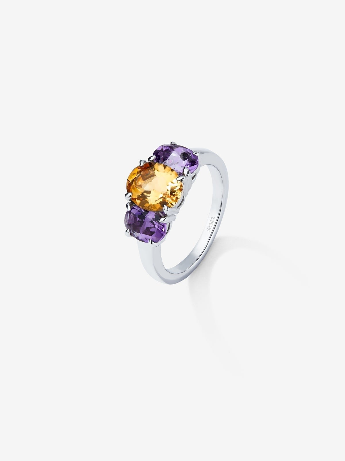 925 silver triple ring with oval-cut citrine quartz and 2 oval-cut purple amethysts