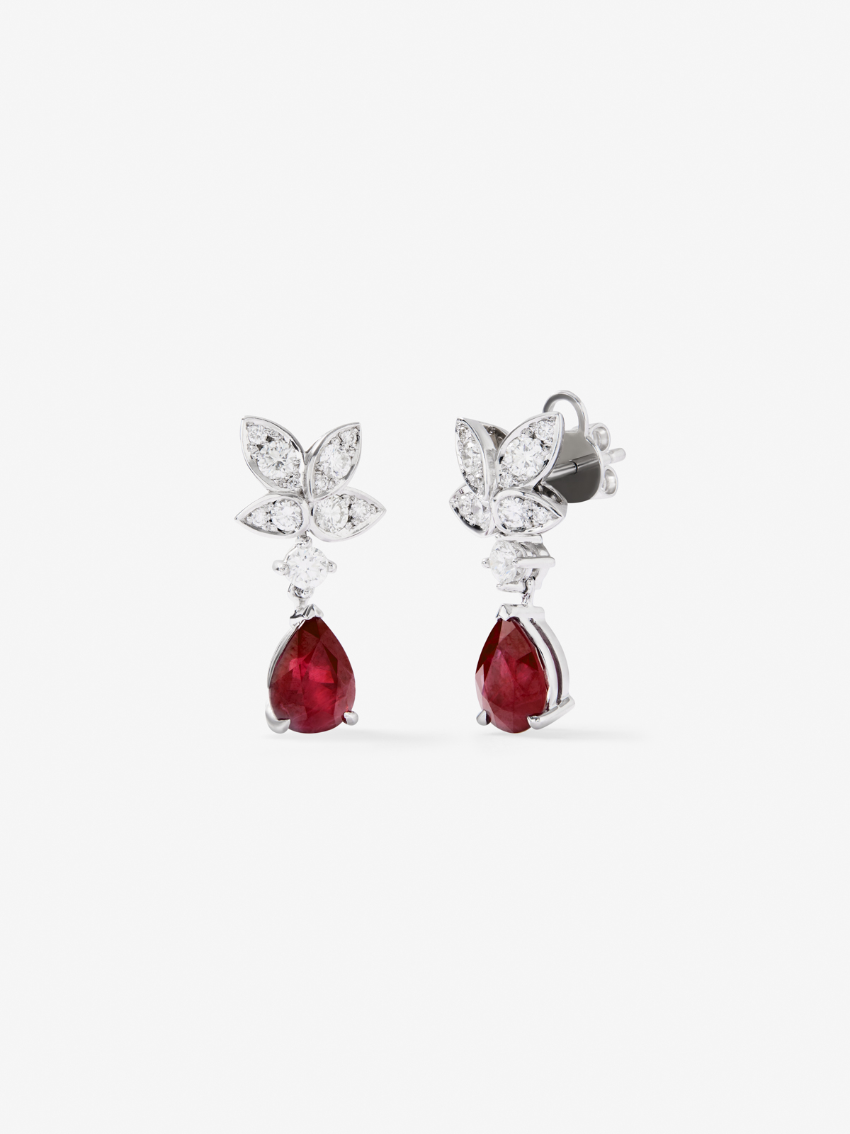 18K white gold earrings with red rubies Pigeon Blod in pear size 4.62 cts and white diamonds in bright size of 0.89 cts
