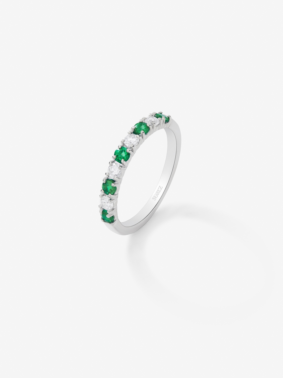 Half-eternity 18K gold ring with emerald and diamond