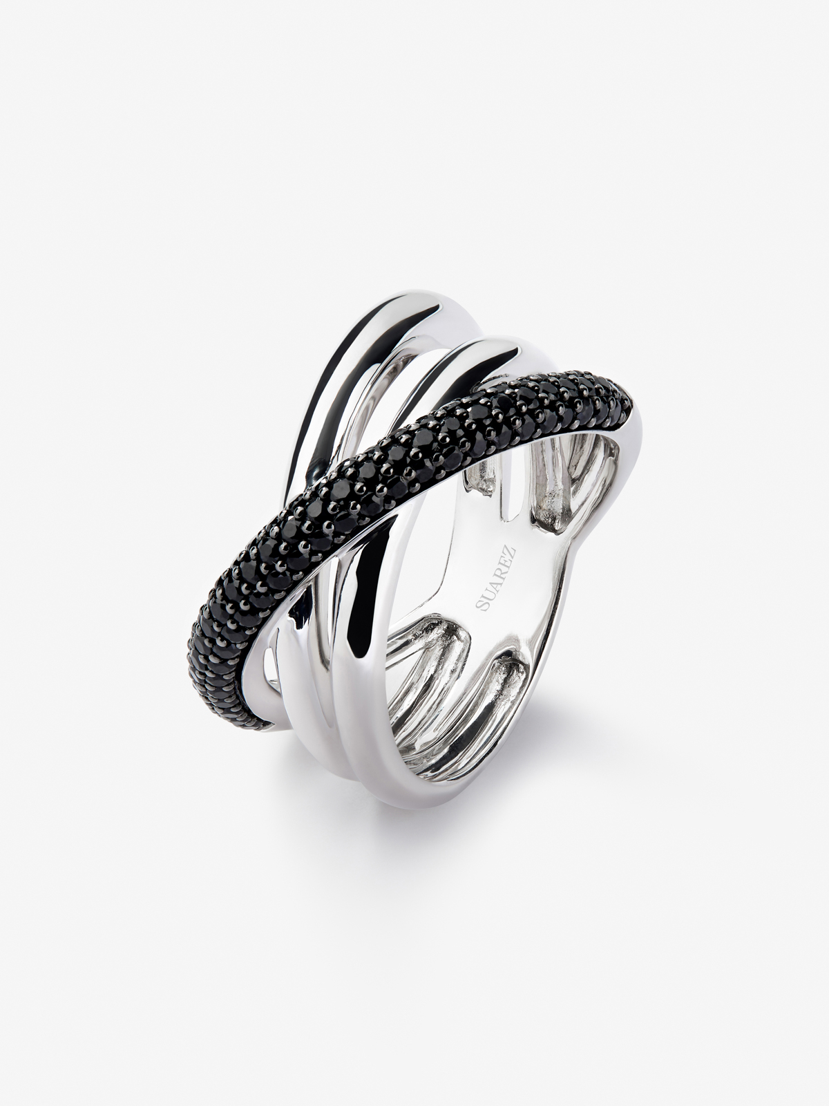 Anillo multibrazo cruzado de plata 925 con espinelas negras en talla brillante