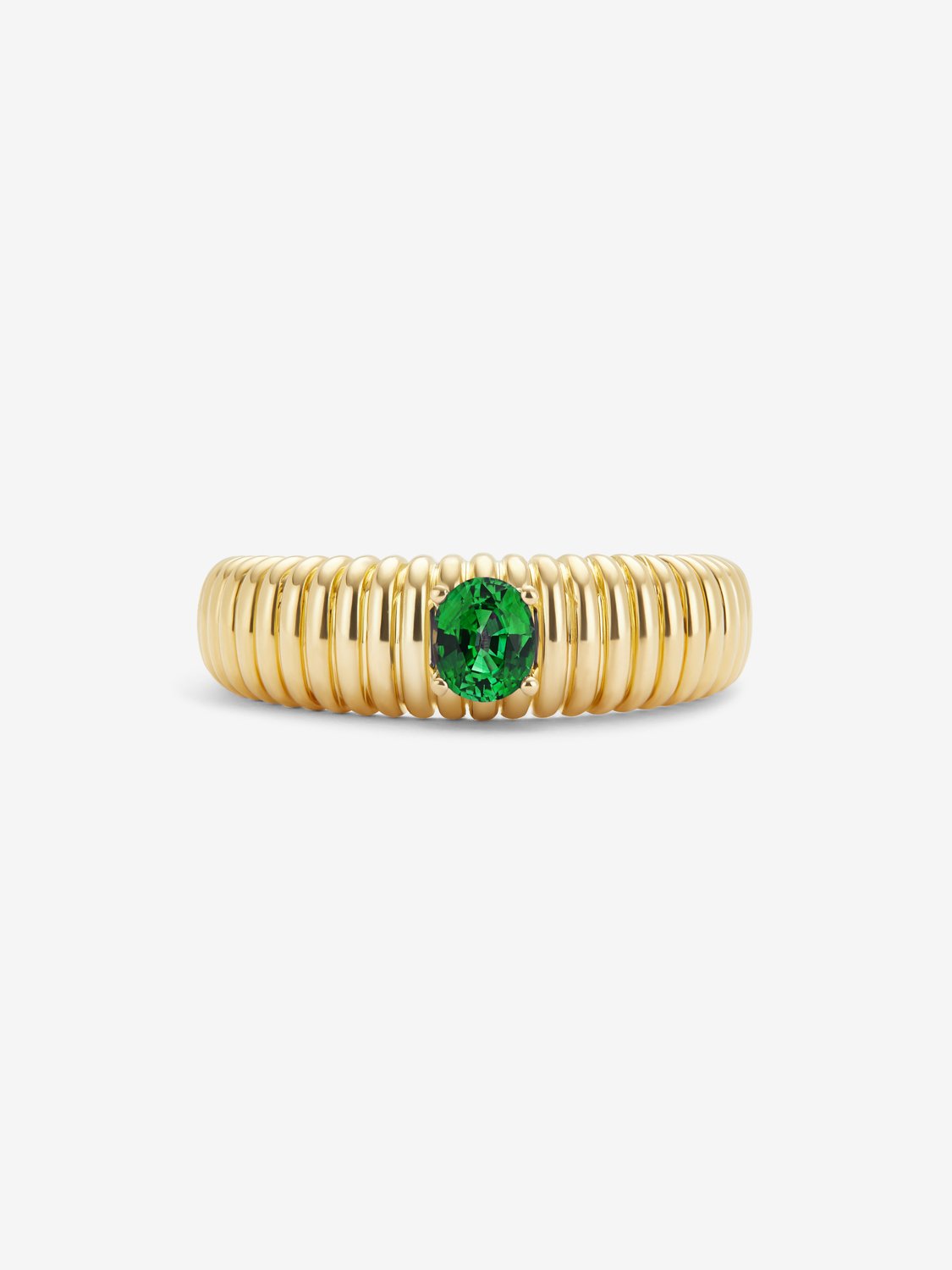 18K Yellow Gold Fluted Ring with Oval Cut Green Emerald