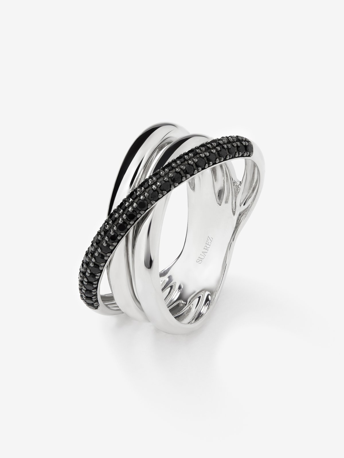 925 silver crossed multi-arm ring with brilliant-cut black spinels
