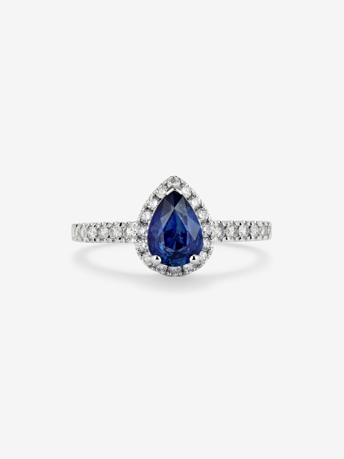 18K white gold ring with pear-cut blue sapphire of 0.97 cts and 34 brilliant-cut diamonds with a total of 0.45 cts