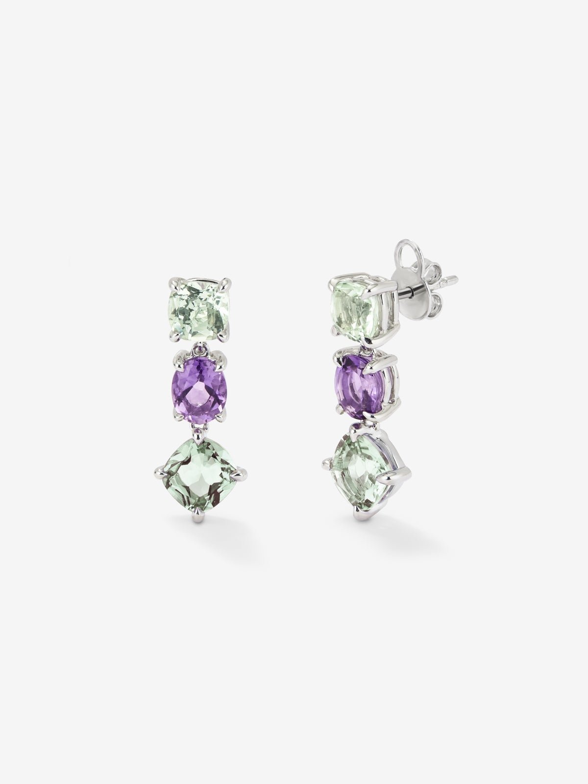 Pendientes de plata 925 con amatistas verdes y moradas en talla cushion y oval de 5,94 cts