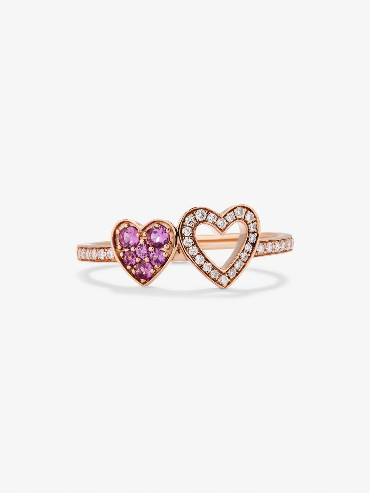 18kt rose gold ring of hearts with diamonds and pink sapphires