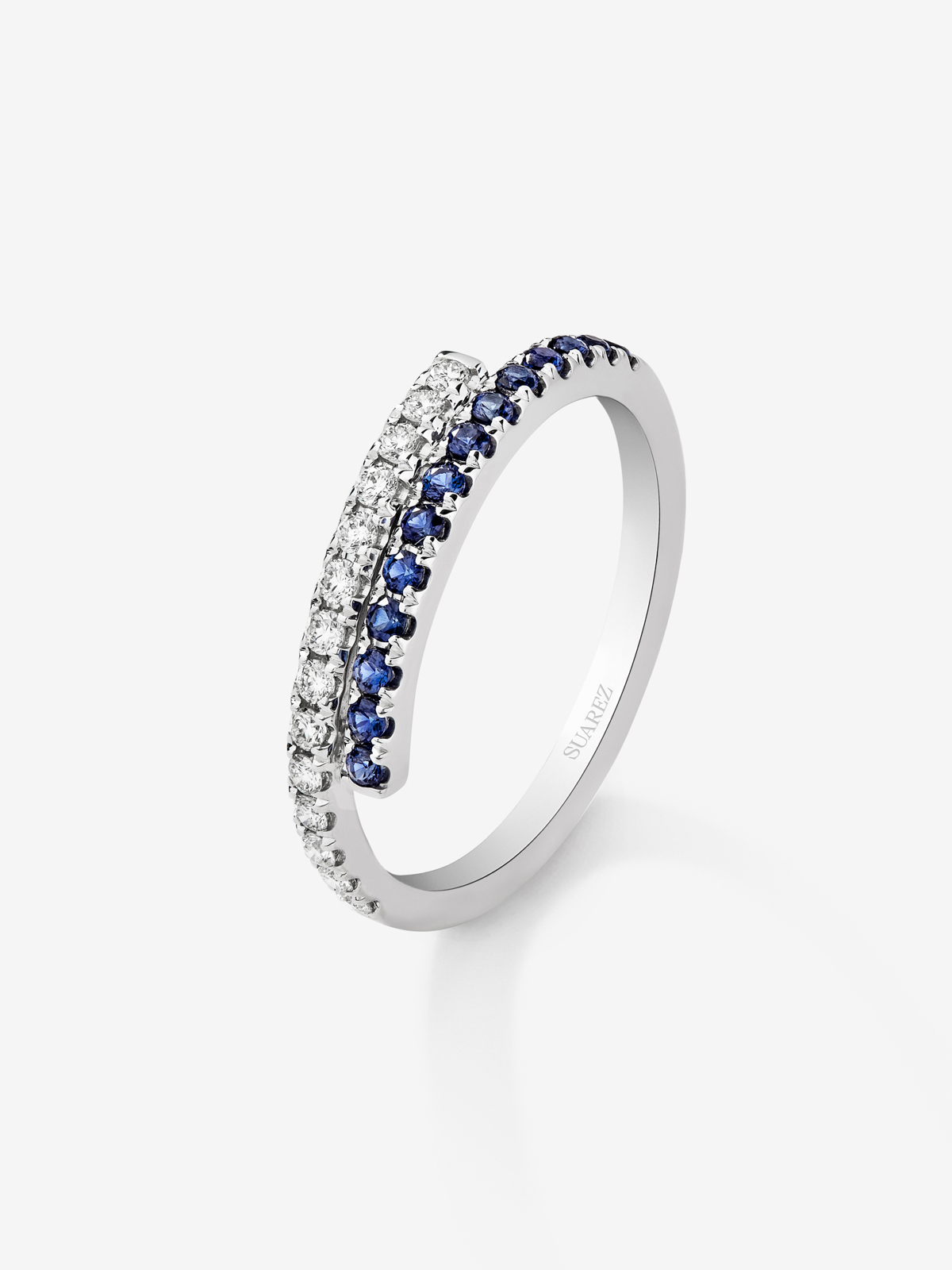18K white gold half hoop ring with diamond and sapphire