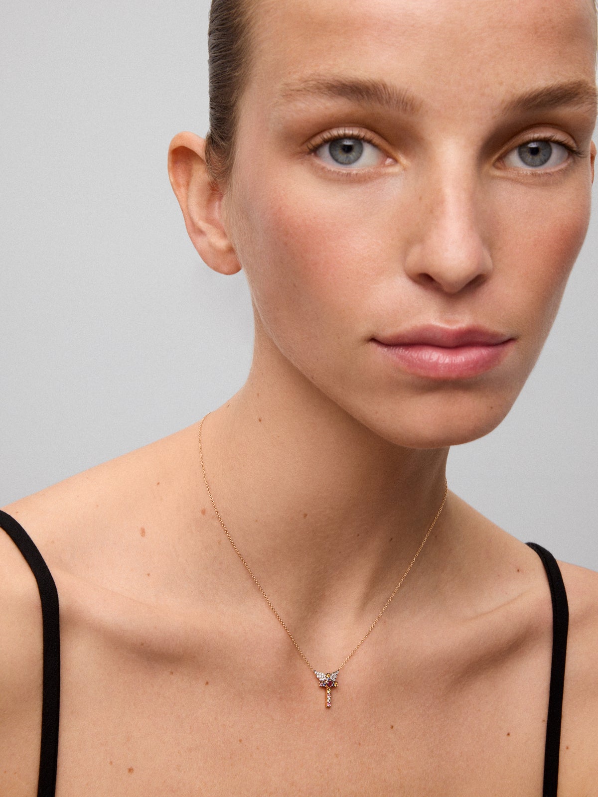 18K Rose Gold Cross Pendant Chain with Sapphire and Diamond.