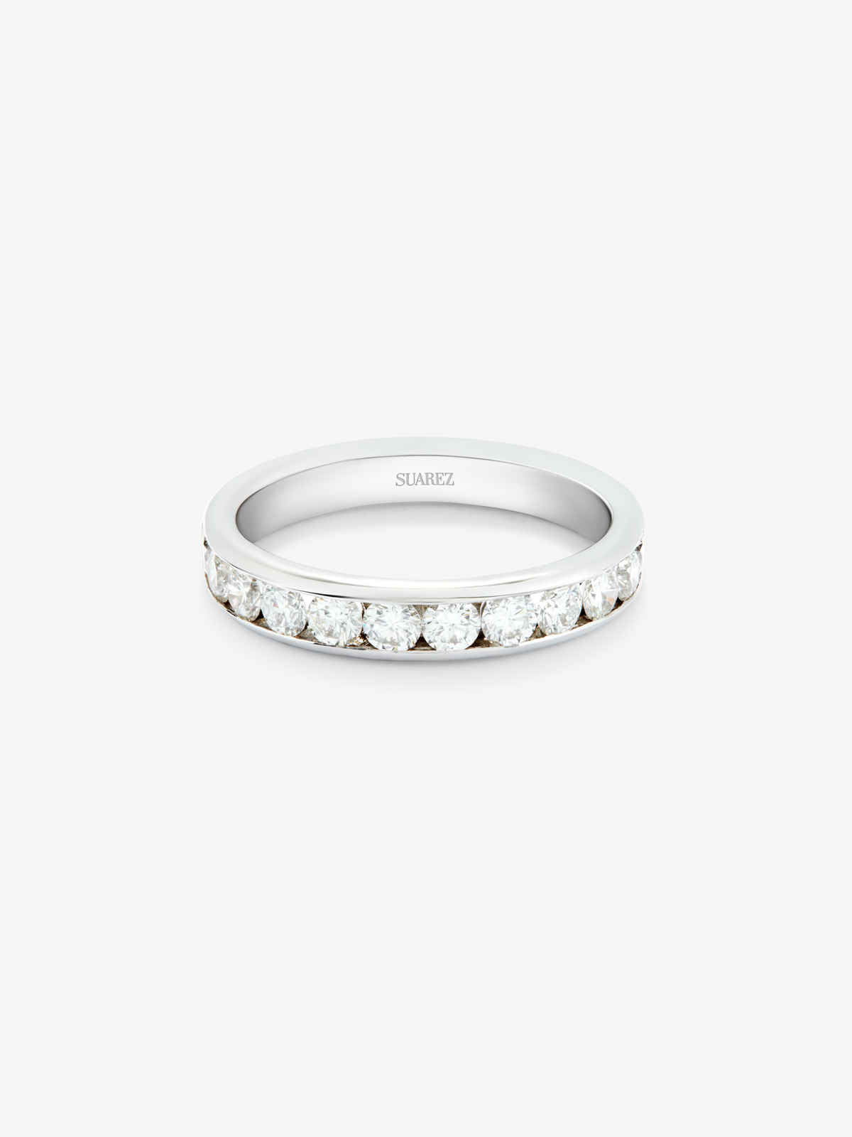 Half-eternity engagement ring in 18K white gold with diamonds on band.
