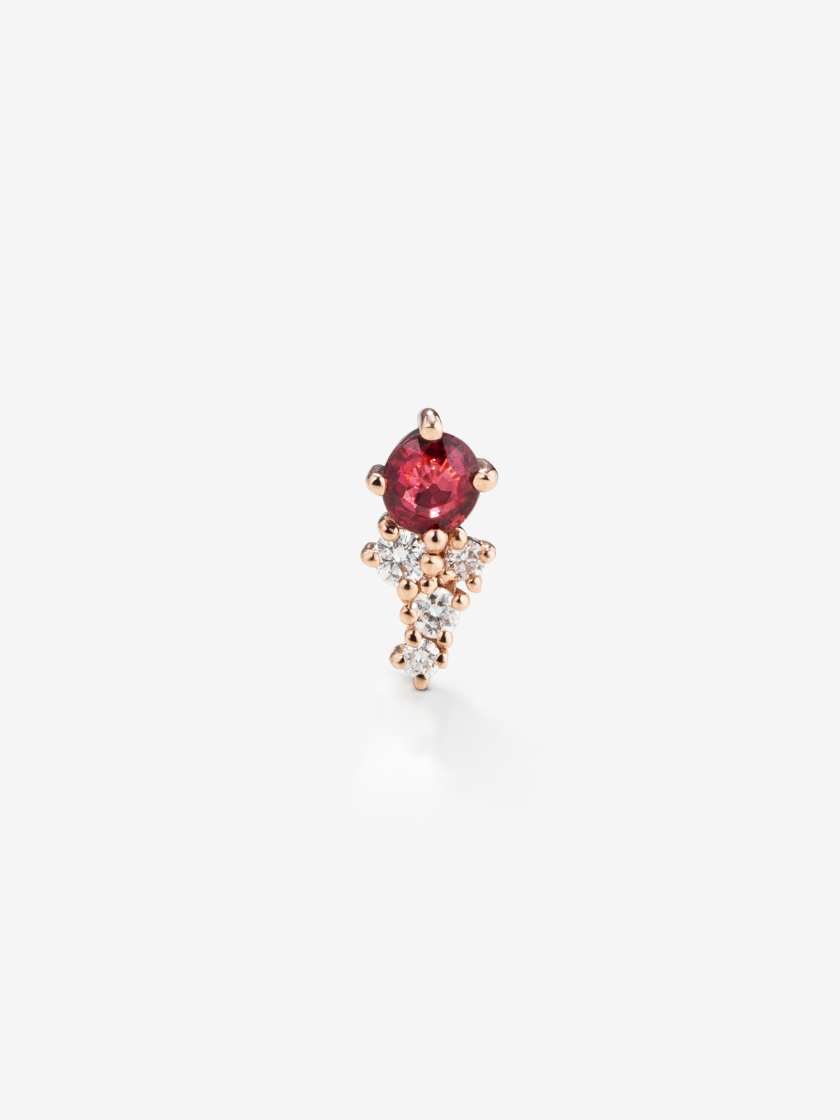Right single earring made of 18K rose gold with ruby and diamonds.