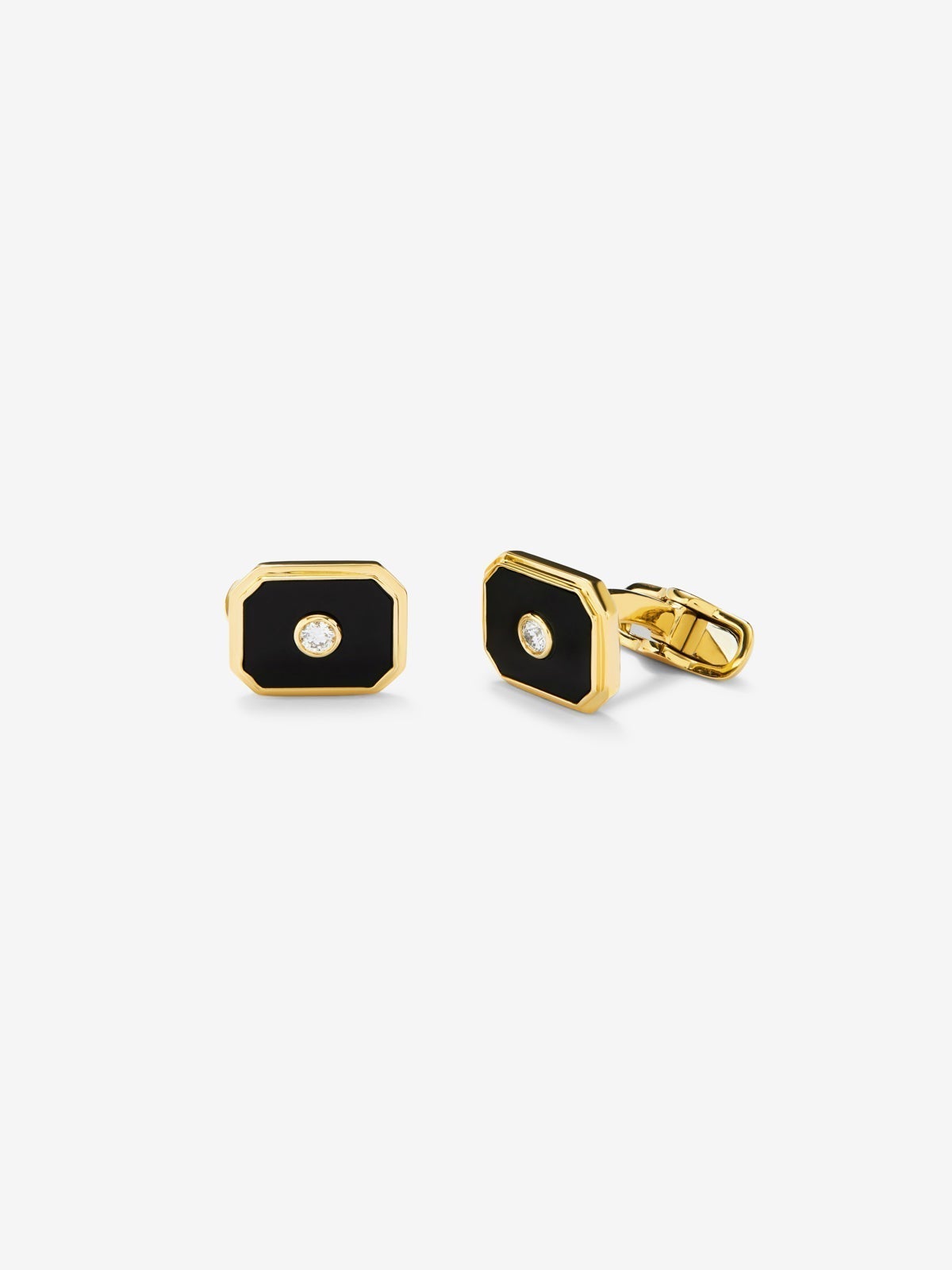 Gemelos de oro amarillo de 18K con ónix negro de 3,25 cts y diamantes blancos de 0,12 cts