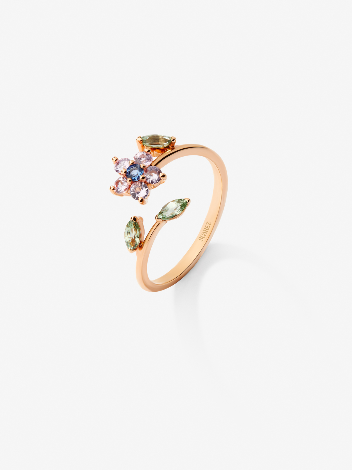 18K rose gold ring with pink, green and blue sapphires in bright size and 0.55 cts