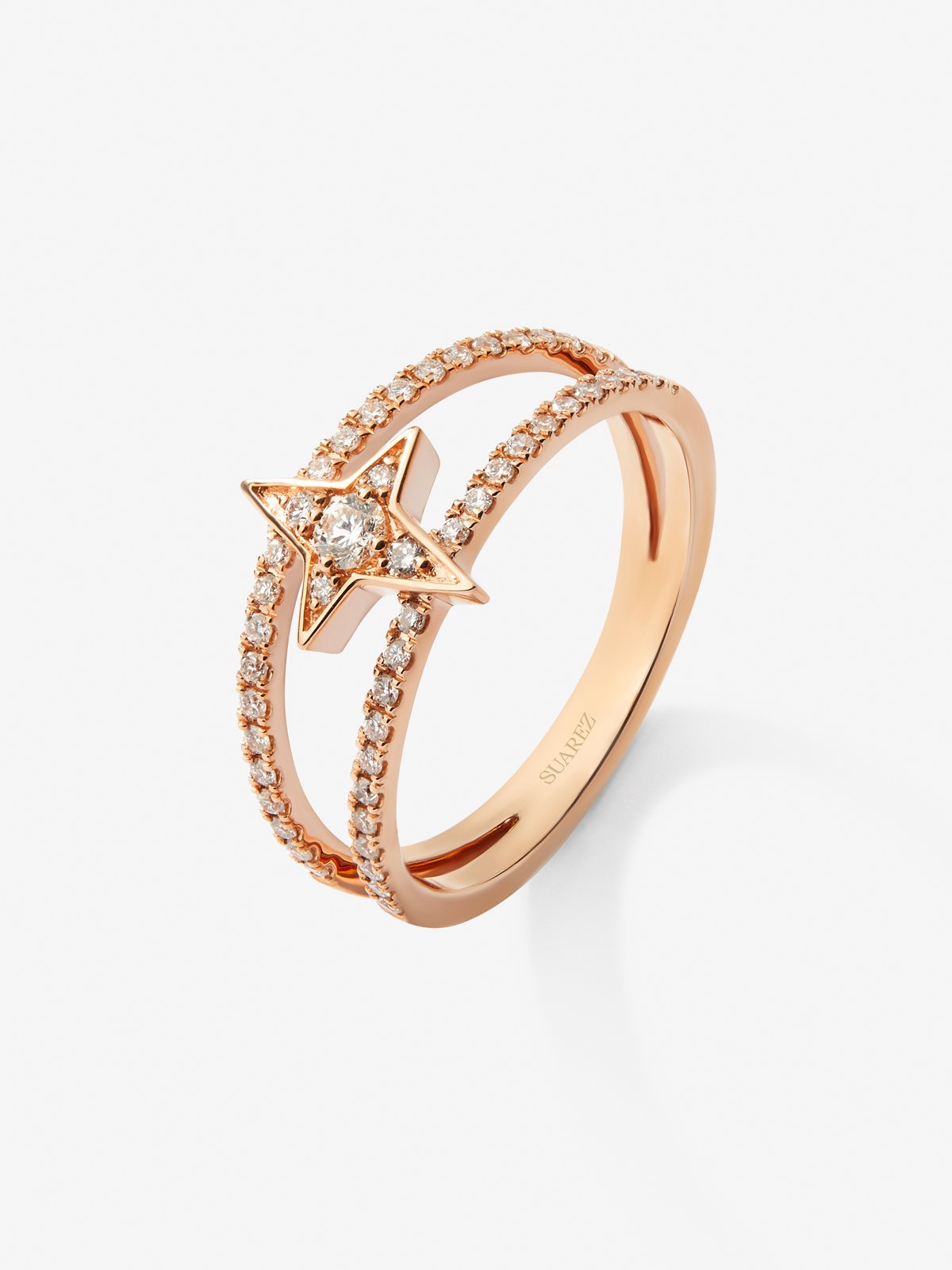 18K rose gold double ring with star and 49 brilliant-cut diamonds with a total of 0.29 cts